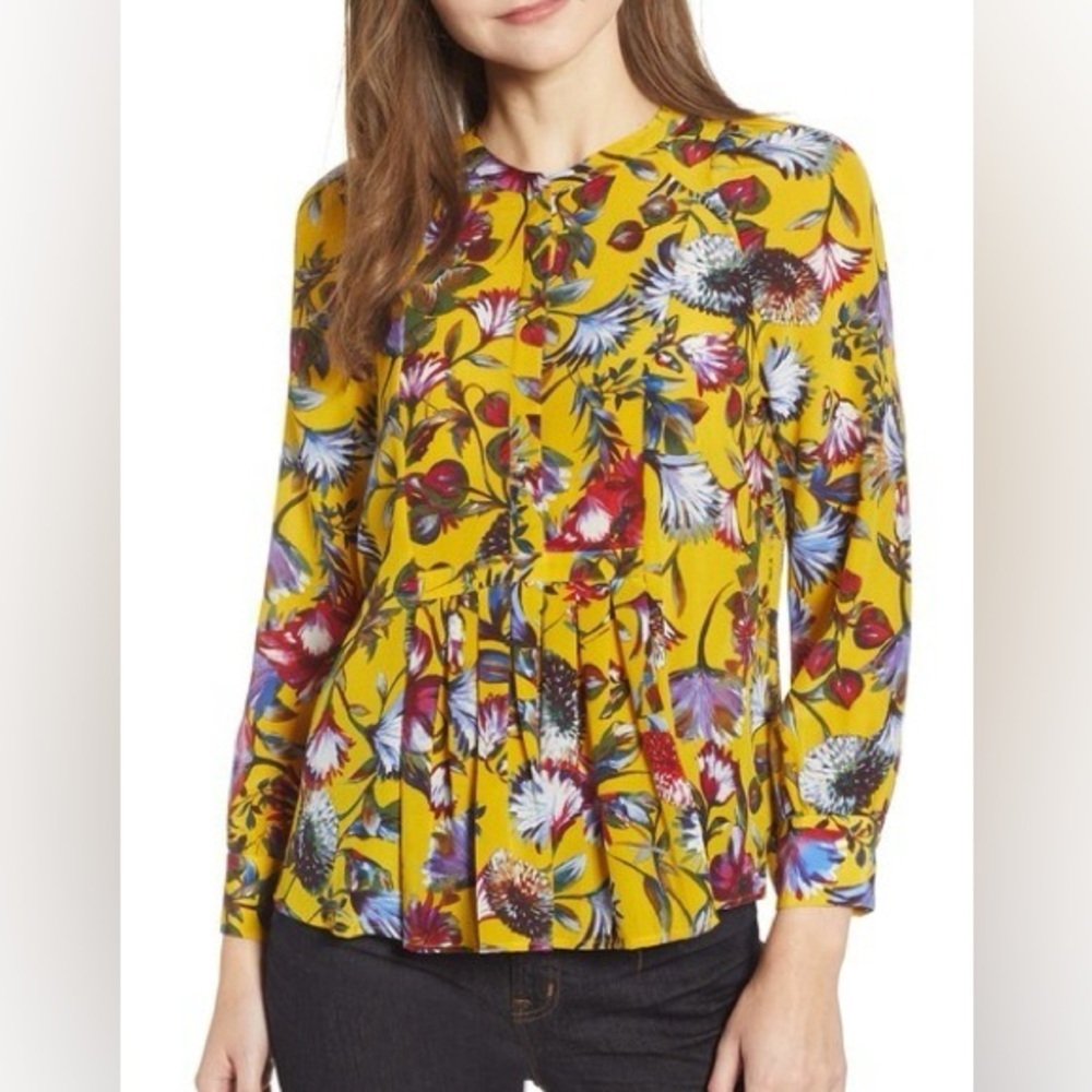 J Crew 100% Silk Autumn Color Pleated Popover Top Blouse Gold Floral Print XS - Picture 2 of 6